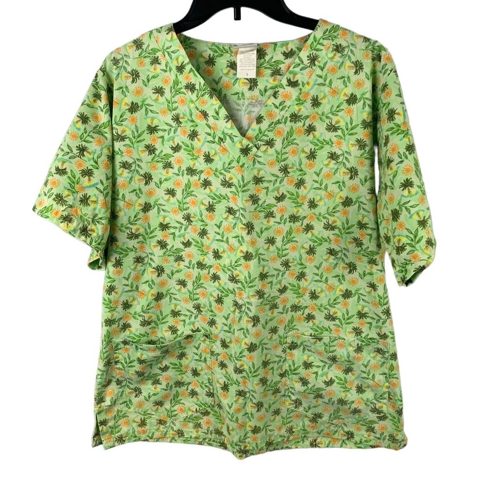 Uniform Advantage UA Scrubs Womens Small Green Floral Palm Trees Scrub Top